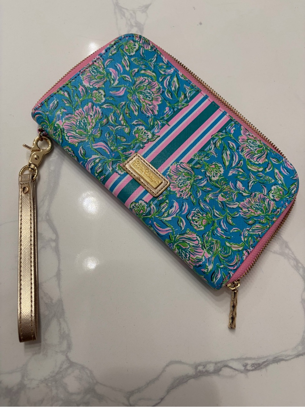 Lilly Pulitzer Floral Stripe Zip Wristlet - Turquoise, Pink & Green